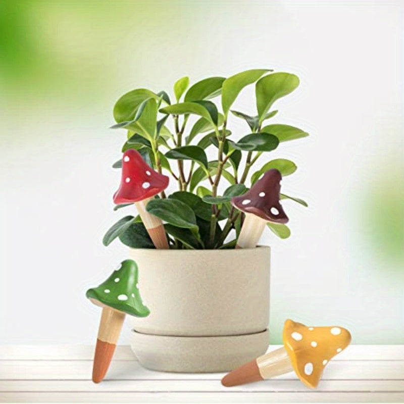 4-Pack Mushroom-Shaped Self-Watering Spikes - Terracotta Clay Automatic Drip Irrigation Globes for Indoor\u002FOutdoor Plants, Slow-Release Watering Stakes with Cute Decorative Design (Red, Green, Brown, Yellow), Watering System for Plants