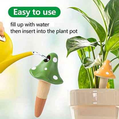 4-Pack Mushroom-Shaped Self-Watering Spikes - Terracotta Clay Automatic Drip Irrigation Globes for Indoor\u002FOutdoor Plants, Slow-Release Watering Stakes with Cute Decorative Design (Red, Green, Brown, Yellow), Watering System for Plants